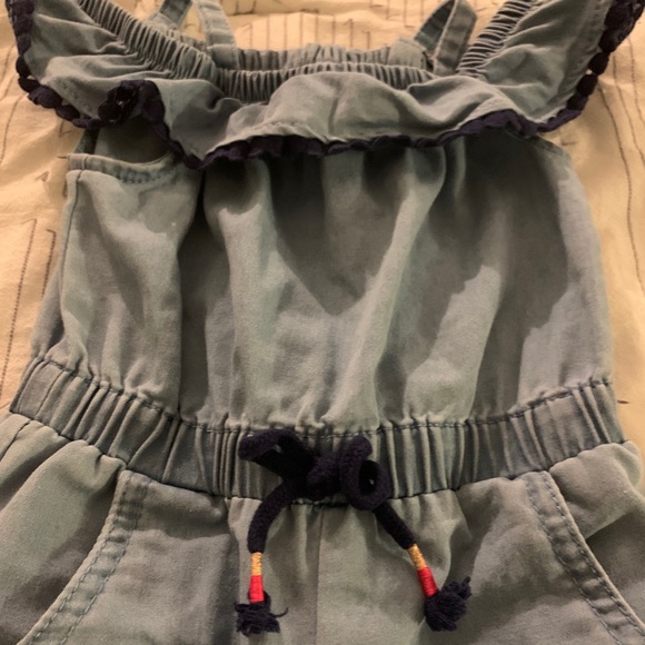 denim one piece w/ cinched waist and ruffle collar - Picture 1 of 4